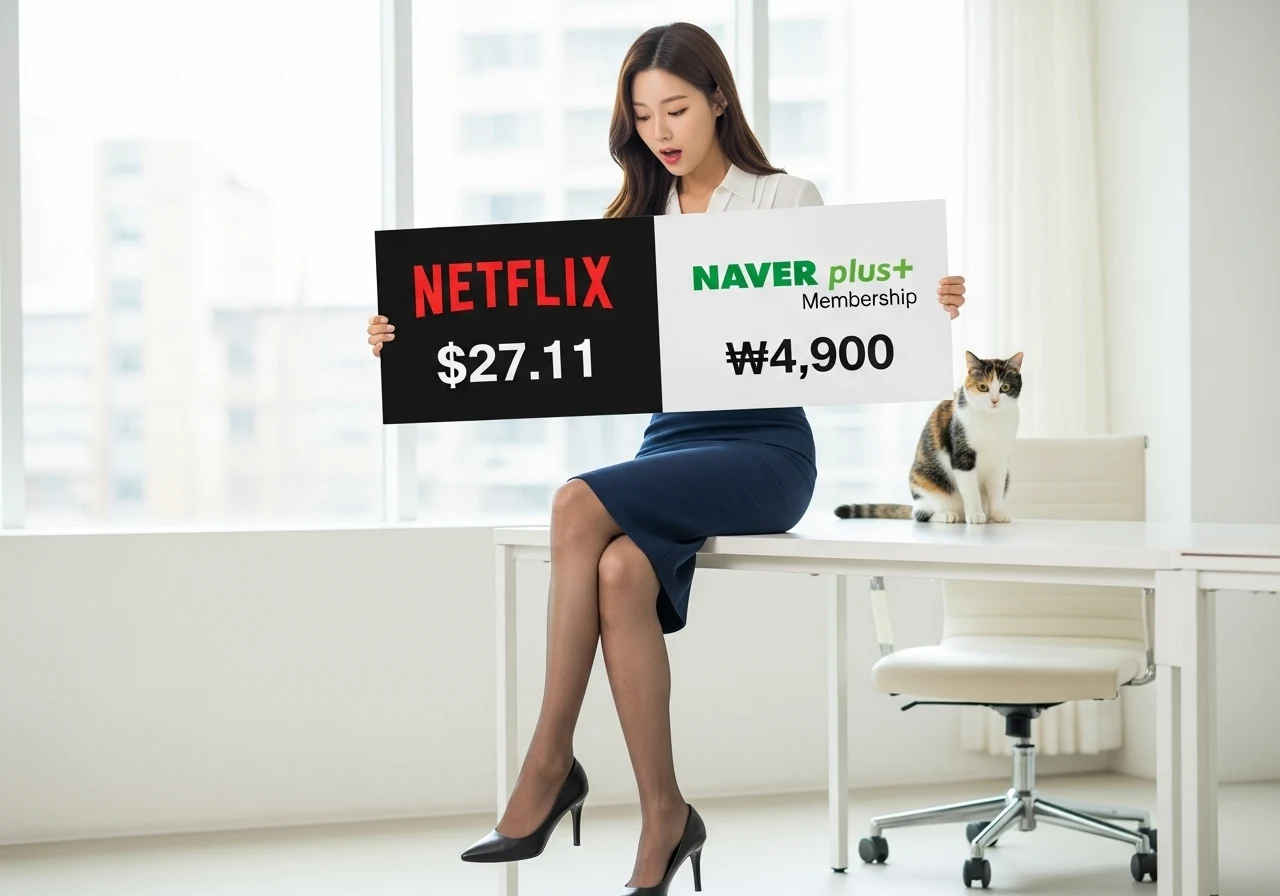한 여성이 사무실 책상에 앉아, 캐나다 넷플릭스 요금과 네이버플러스 멤버십 요금이 적힌 사인을 보고 놀라고 있다