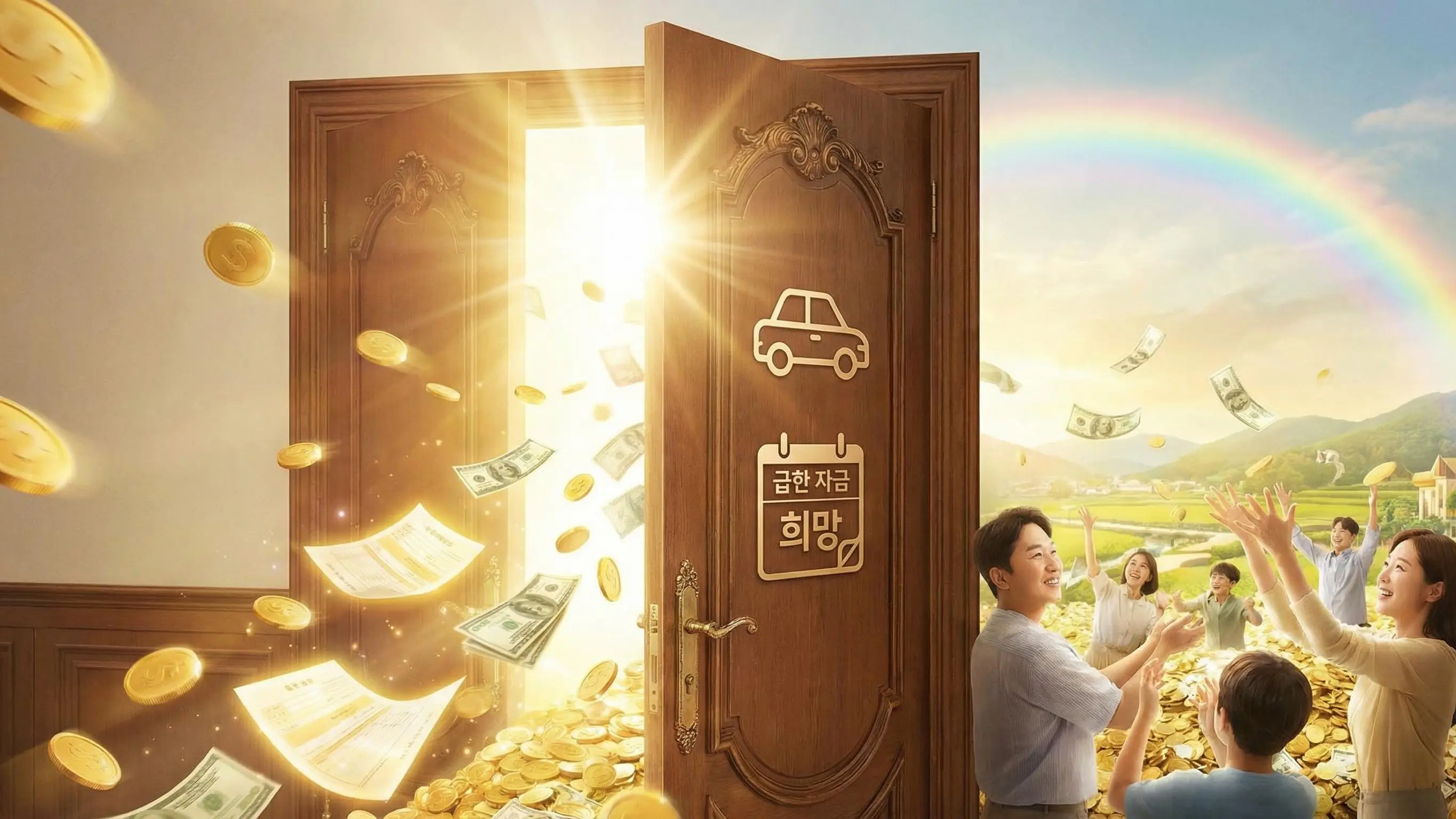 자동차와 달력(월변) 아이콘이 그려진 문이 열리며 급한 자금이 쏟아져 나오는 희망적인 이미지
