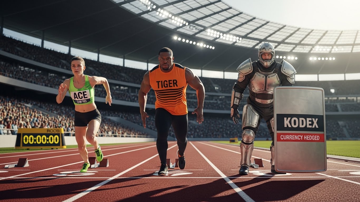 3명의 육상 선수(ACE, TIGER, KODEX)가 출발선에 서 있다. ACE는 가장 가벼운 옷차림(저보수), TIGER는 표준 유니폼, KODEX는 보호 장구(환헤지)를 차고 있는 모습