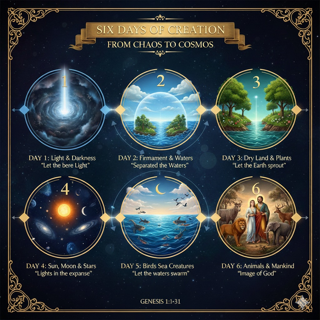 An educational infographic detailing the six days of creation from Genesis 1. The left side (Days 1-3) shows the 'Forming' of environments: Light/Darkness, Sky/Water, and Land/Vegetation. The right side (Days 4-6) shows the 'Filling' of those environments: Sun/Moon/Stars, Birds/Fish, and Animals/Humans. The design illustrates the transition from Chaos to a structured Cosmos.