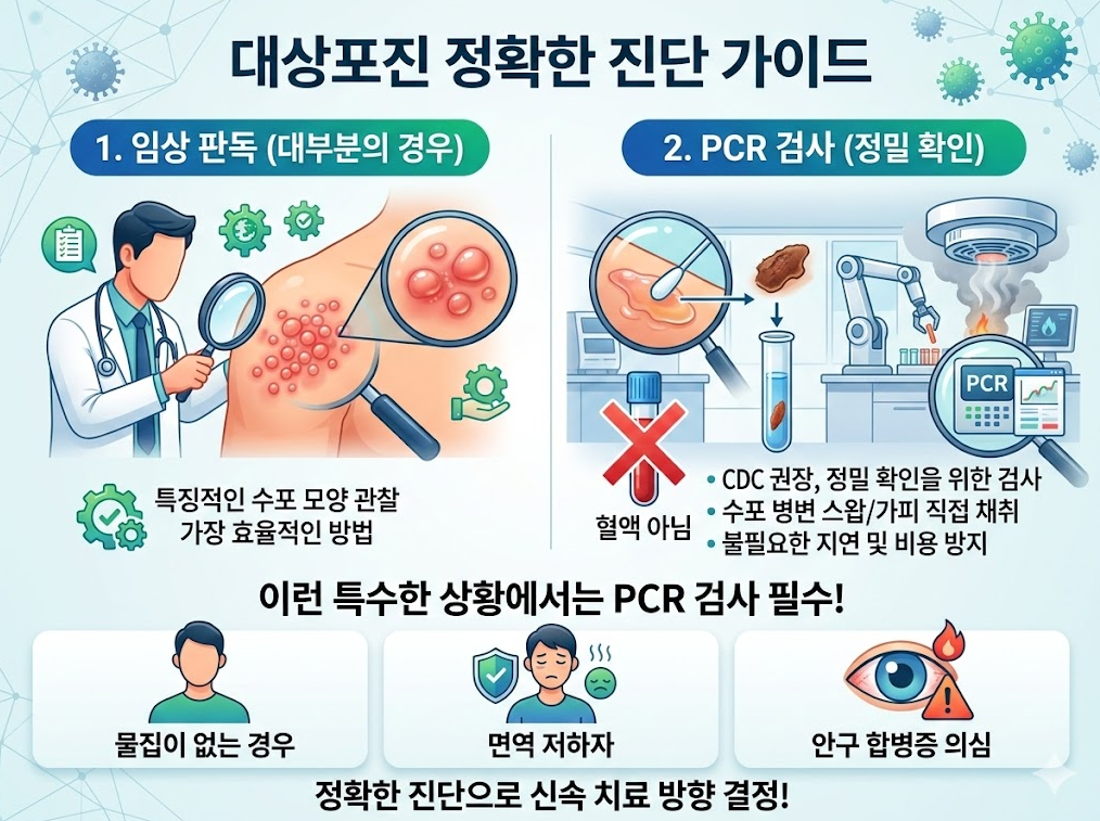 대상포진 임상 진단과 수포액 PCR 검사 방법 및 검사 필요 상황을 설명하는 인포그래픽