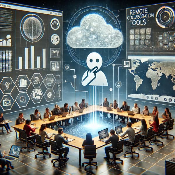 원격 협업 도구 인터페이스, 화상 회의 화면, 클라우드 서버 이미지, 팀원들이 온라인으로 협업하는 모습