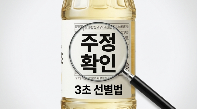돋보기로 식초 라벨의 주정 함유 여부를 확인하는 3초 선별법 인포그래픽