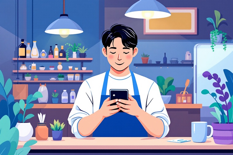 부담경감크레딧 내용을 휴대폰으로 확인하는 자영업자