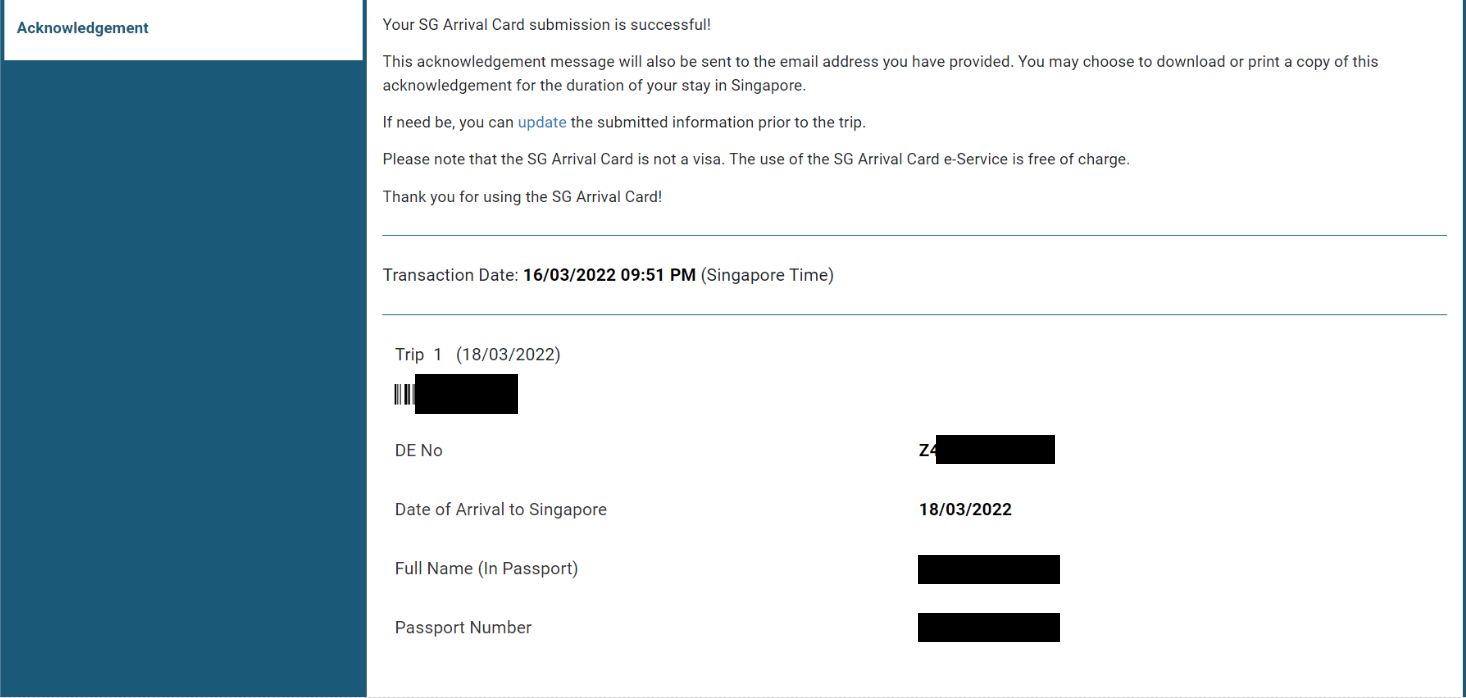 SG ARRIVAL CARD 작성