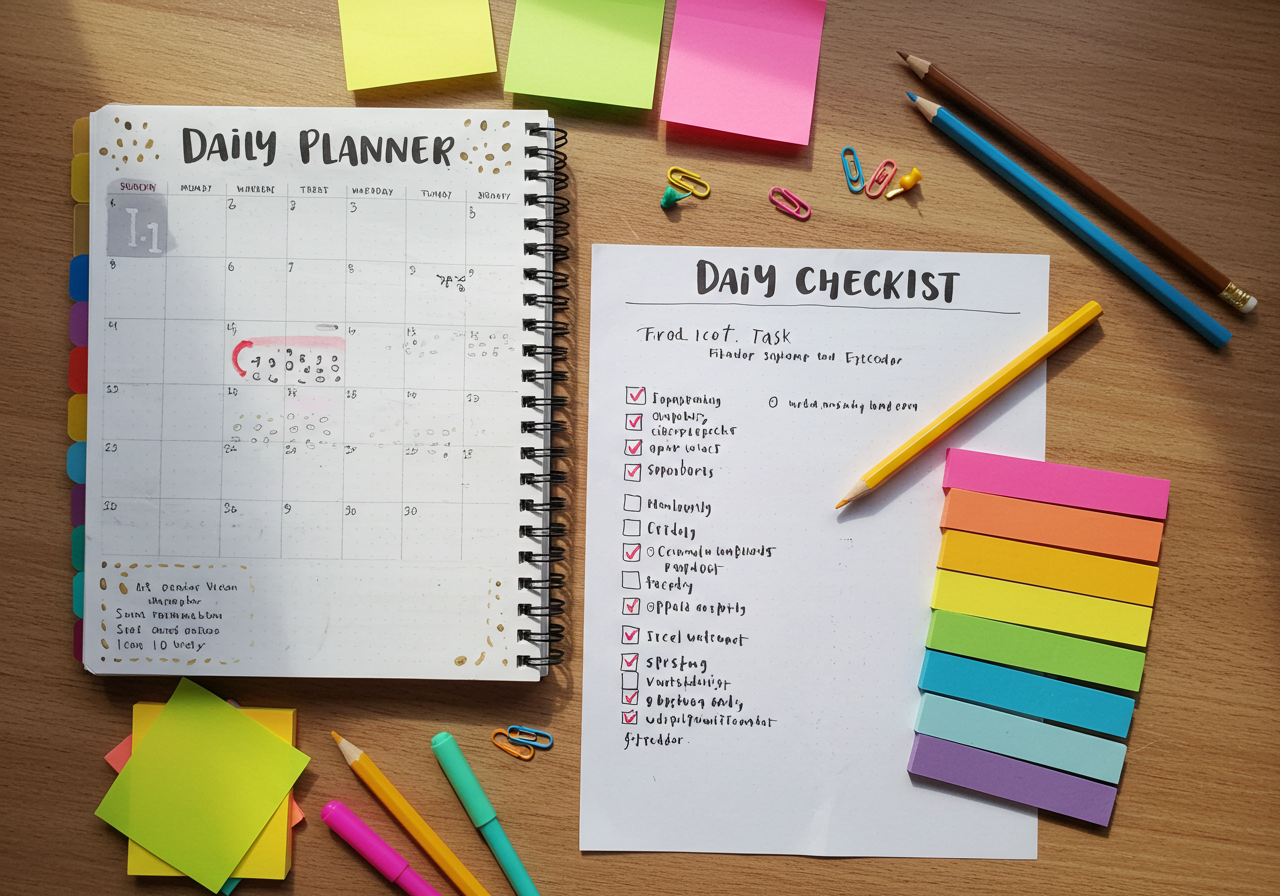책상 위에 놓인 하루 공부 계획표와 체크리스트 도구들