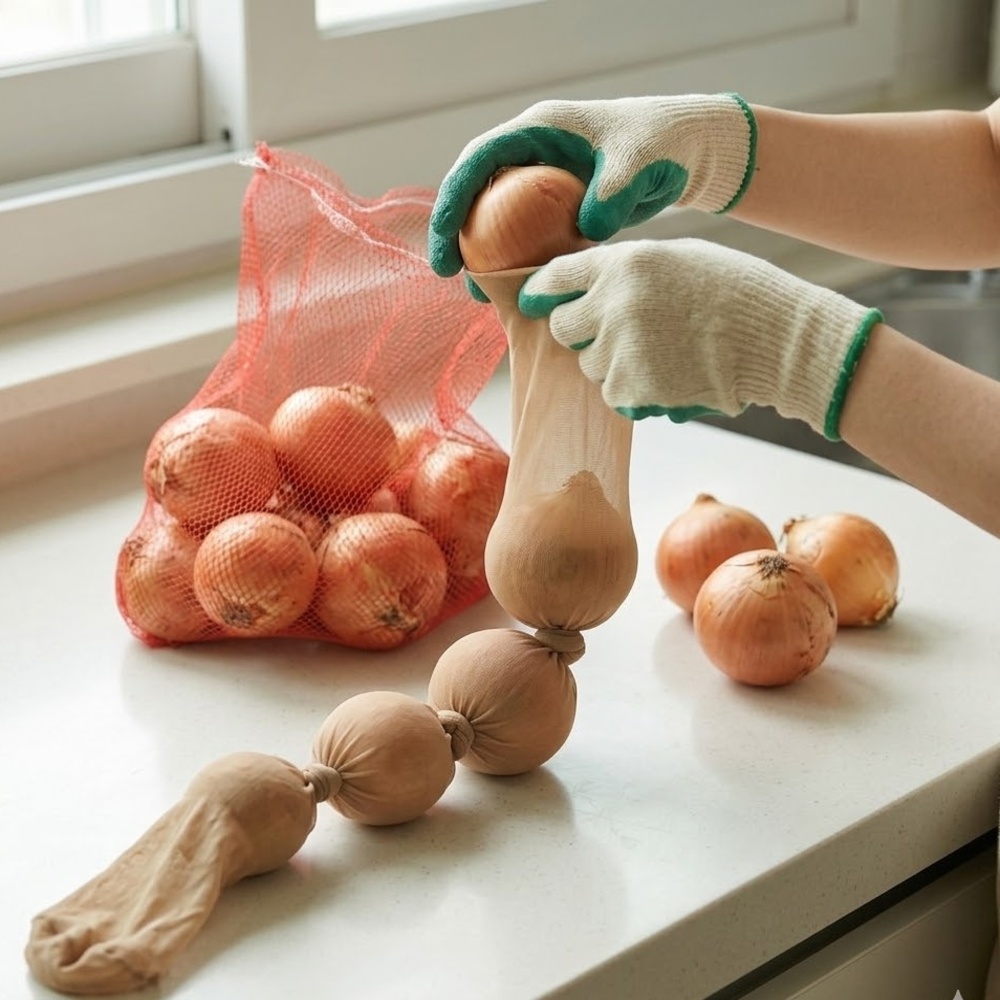 장갑을 낀 손으로 양파를 스타킹에 하나씩 넣고 중간마다 매듭을 지어 줄줄이 엮는 모습(스타킹을 활용한 실온 양파 보관법)