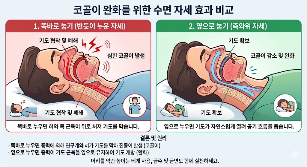 코골이 완화 옆으로 자는 자세 효과 비교 이미지