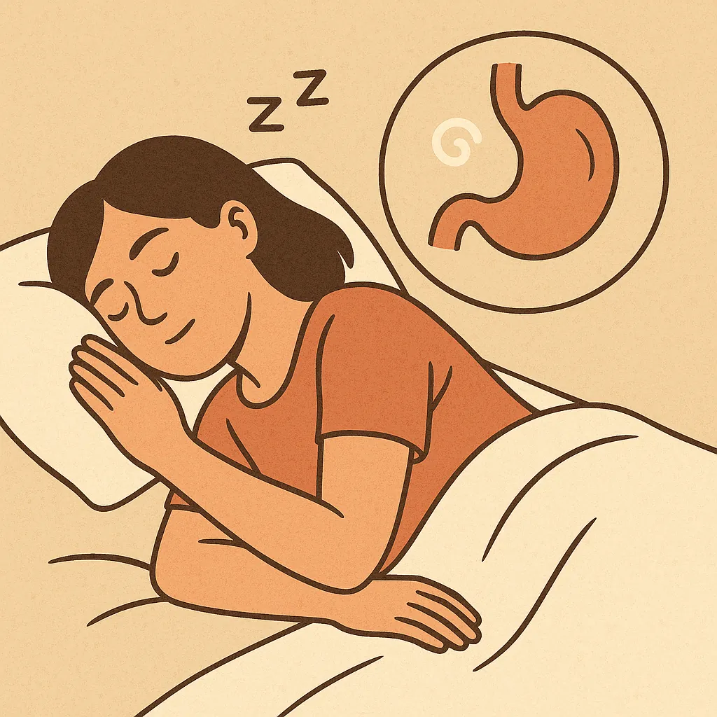 소화를 상징하는 위 그림과 함께 왼쪽으로 누워 자는 여성의 삽화