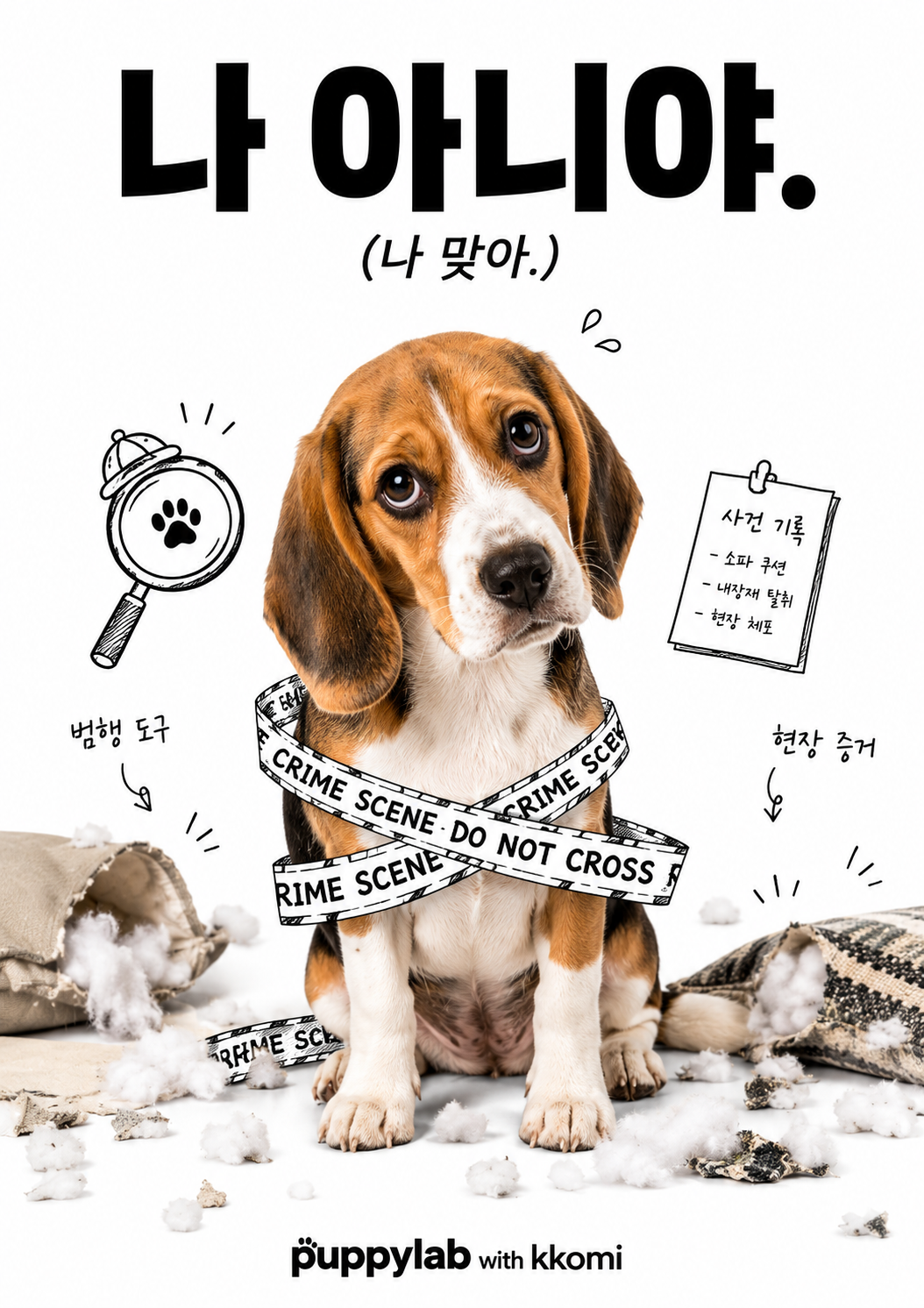 비글 범죄 현장 &mdash; 소파를 해체하고 죄인 표정으로 앉아있는 비글. 운동 부족과 분리불안이 주원인입니다