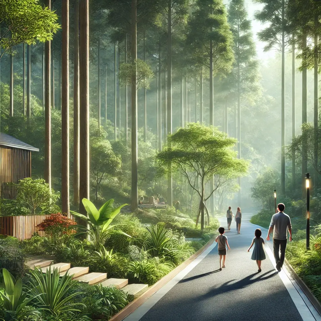 자연휴양림에서 산책하는 가족