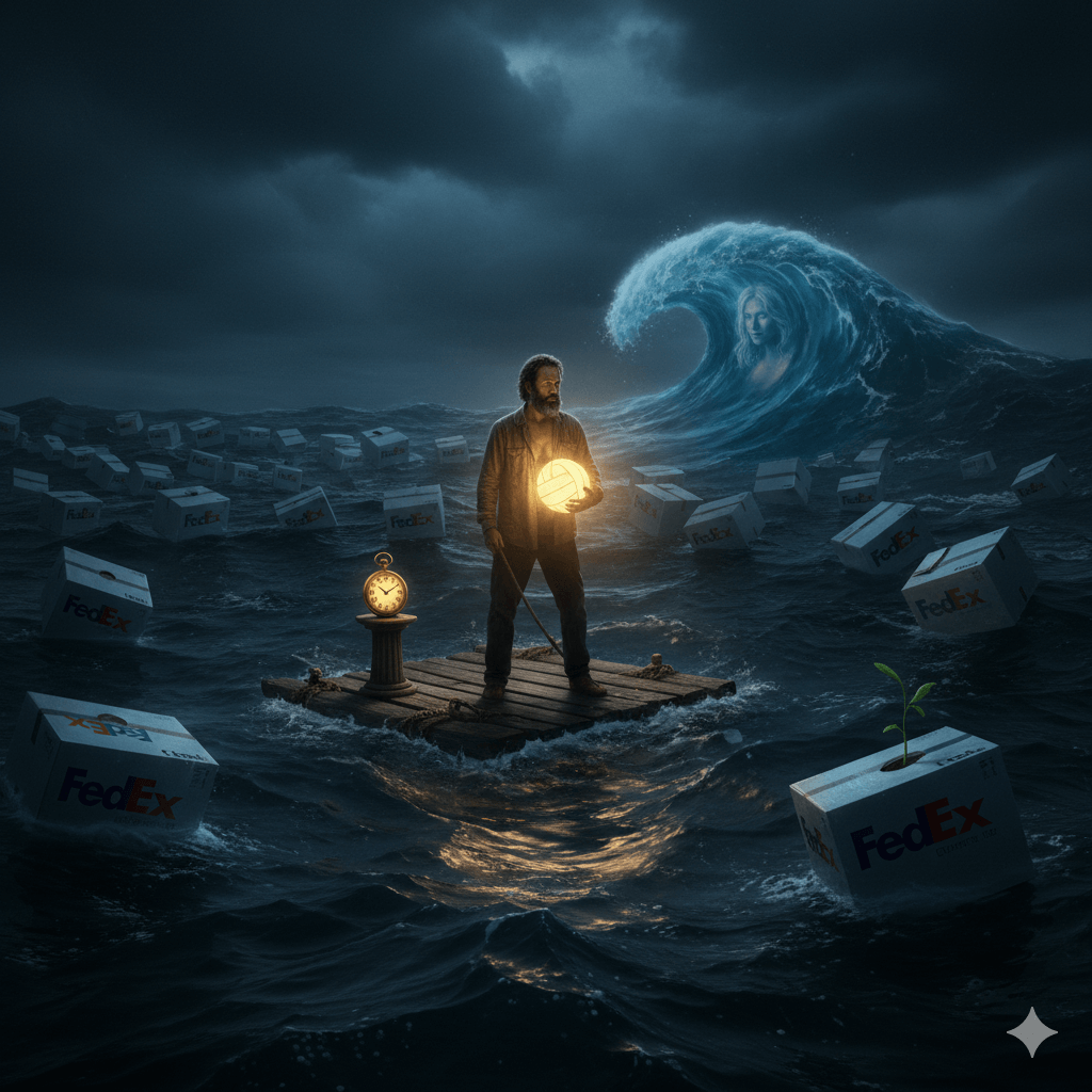 영화 캐스트 어웨이의 척 놀랜드가 윌슨과 함께 뗏목 위에서 파도 속의 페덱스 상자들을 바라보는 장면