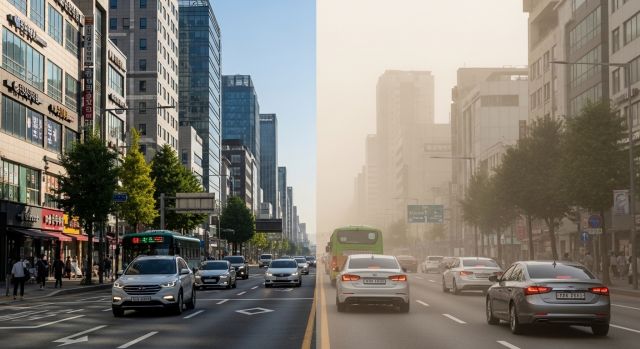 차량 5부제 시행으로 차량 운행이 줄어든 도심 도로 상황 이미지