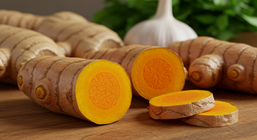 강황 뿌리 단면에서 선명한 노란색이 드러나는 모습