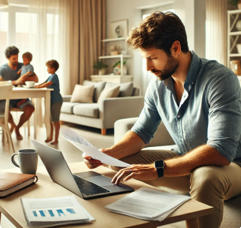 재택근무중인 남성, 아이 2명 돌보는 남성 사진