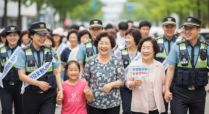 경찰과 시민들이 함께 참여하여 안전 캠페인 활동을 하고 있다.