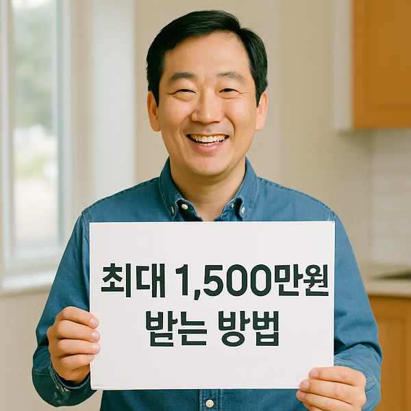 최대 1,500만원 받는 방법 안내 문구를 들고 환하게 웃는 중년 한국인 남성의 이미지