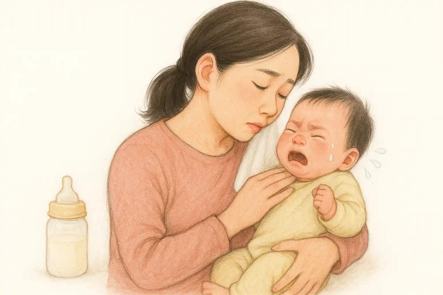 젖병을 먹은 뒤 배앓이로 울고 있는 아기, 엄마가 아기를 안고 트림을 도와주는 장면