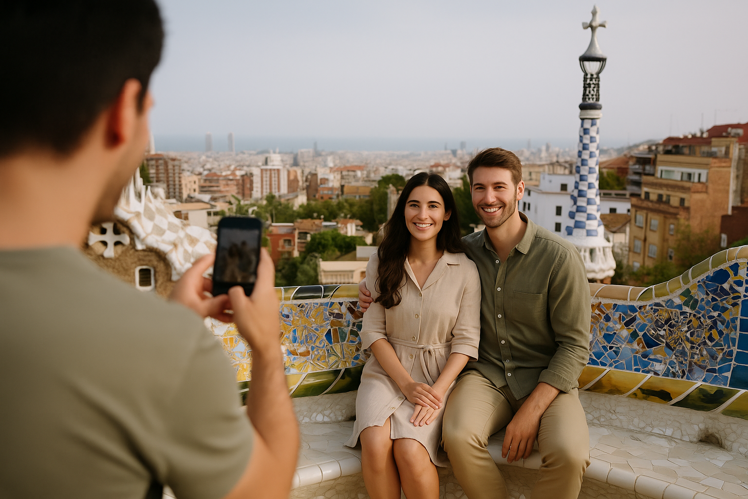 구엘공원의 모자이크 벤치 앞에서 사진을 찍는 커플