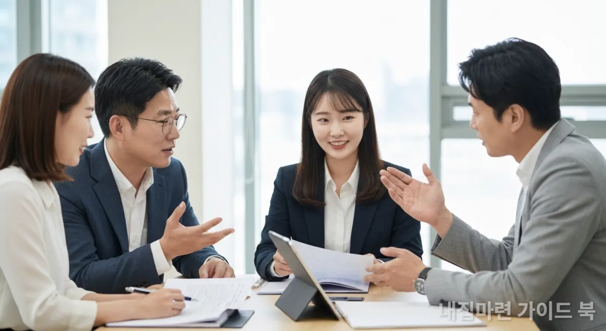 부동산 관련 서류를 보며 협력하는 한국인 전문가 세 명