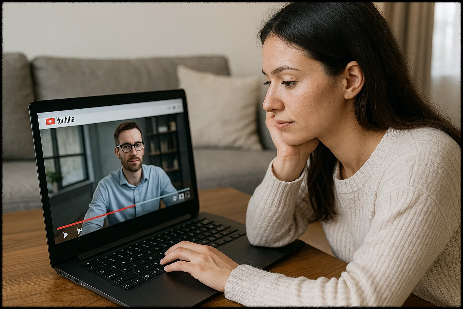 긴 유튜브 영상을 집중해서 시청하는 여성