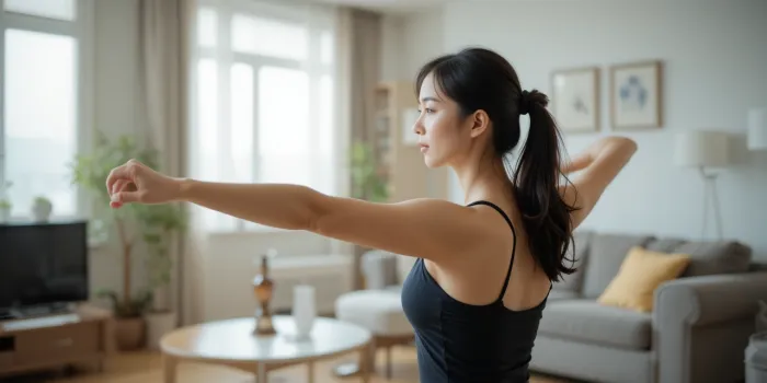 팔 스트레칭하는 여성의 물리치료 루틴