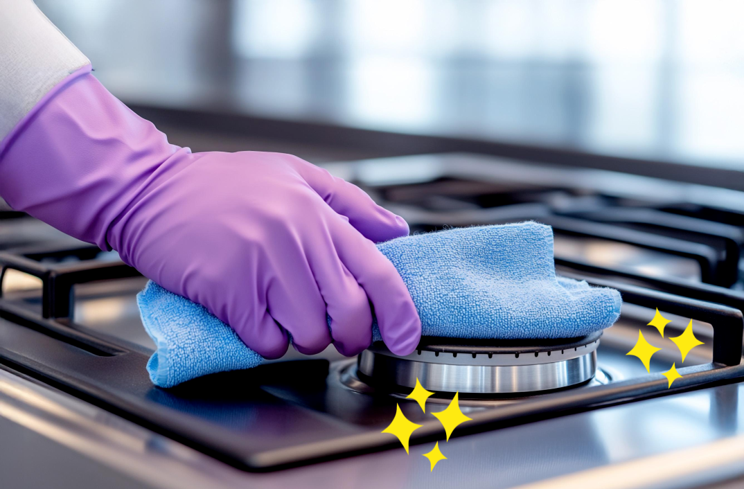 천연 세정제를 활용해 가스레인지 위 기름때를 닦는 청소 과정, 청결한 주방 관리 팁