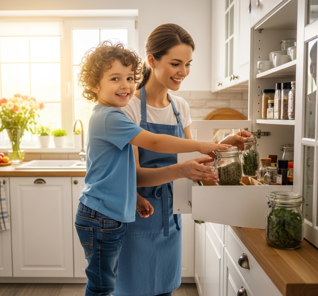 아이와 엄마가 즐거운 표정으로 주방에서 정리정돈하고 있는 모습