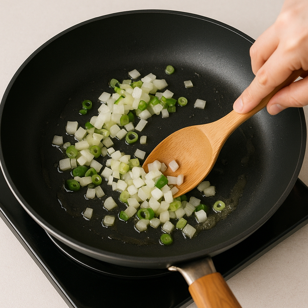 볶기: 중불로 달군 팬에 기름을 살짝 두르고 파와 양파를 볶아 향을 냅니다.