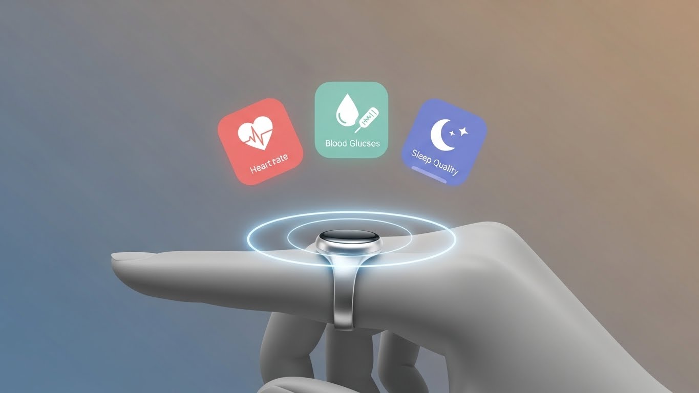 스마트 링을 통해 실시간으로 건강 데이터를 모니터링하는 디지털 헬스케어 기술 일러스트