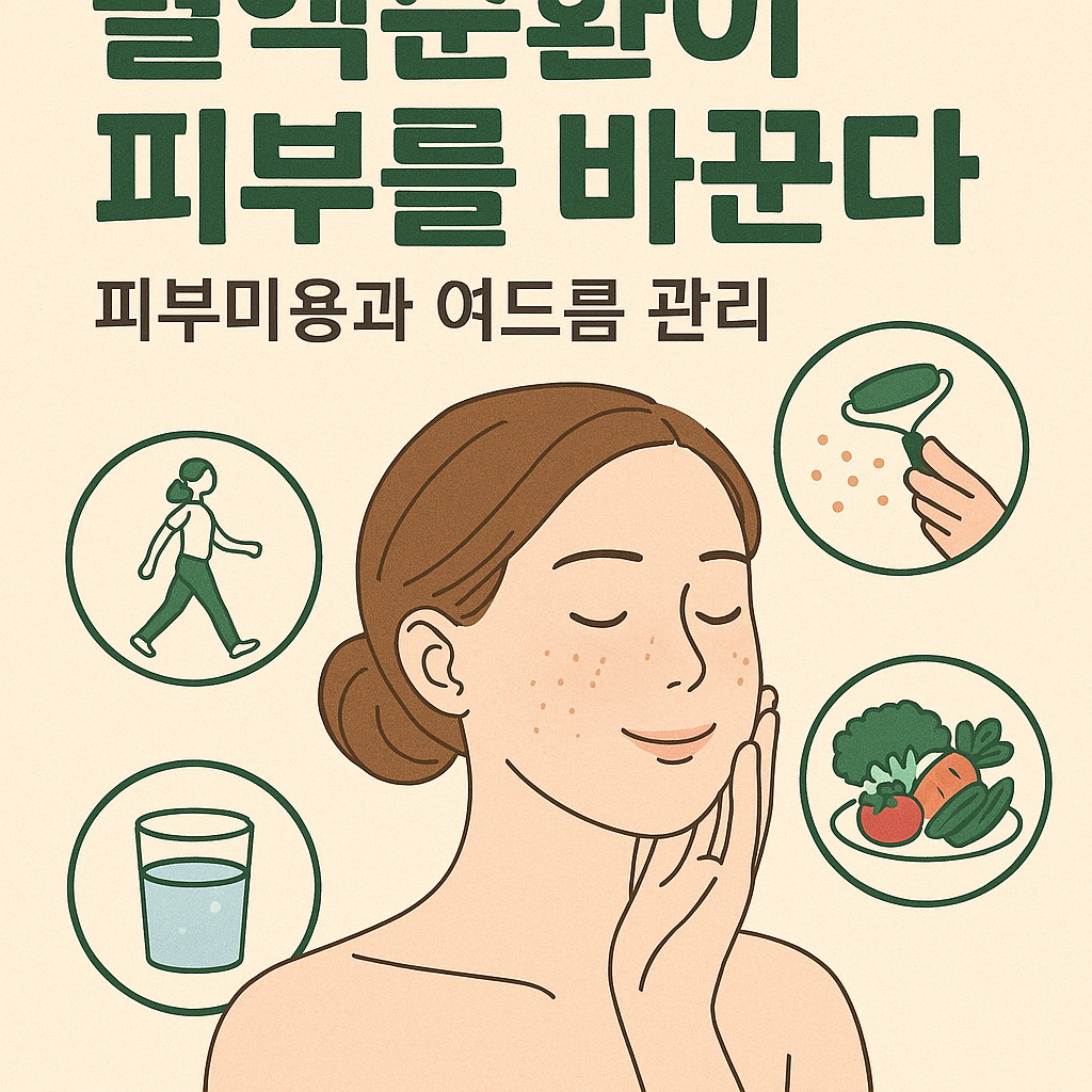 여성 피부와 혈액순환, 여드름 개선을 위한 마사지, 수분 섭취, 항산화 루틴을 설명한 인포그래픽 이미지