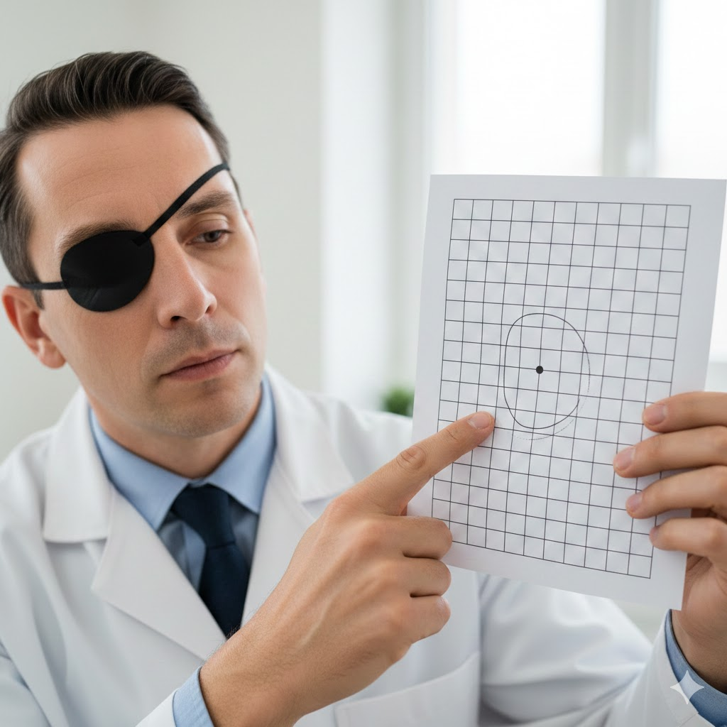 아슬러 격자 테스트 이미지와 함께 한쪽 눈을 가리고 체크하는 모습의 사진