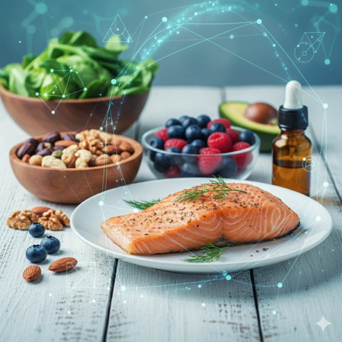 연어, 견과류, 씨앗 등 오메가-3가 풍부한 식품들이 건강한 분위기 속에서 조화롭게 배치된 이미지.
