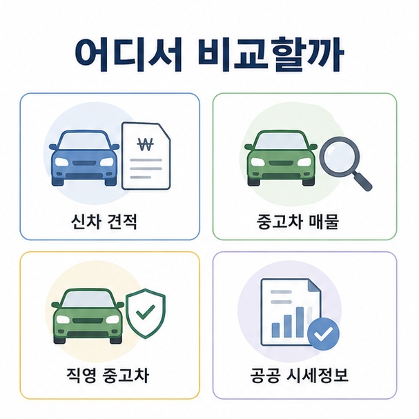 신차 견적, 중고차 매물, 직영 중고차, 공공 시세정보 등 자동차 가격비교 사이트의 용도를 구분한 그림