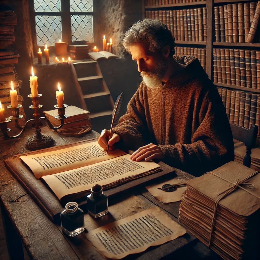 중세 유럽 봉건사회의 필경사(Copyist)가 필사하는 모습