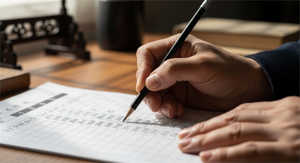 출생연도별 기준표를 손으로 체크하는 클로즈업 장면