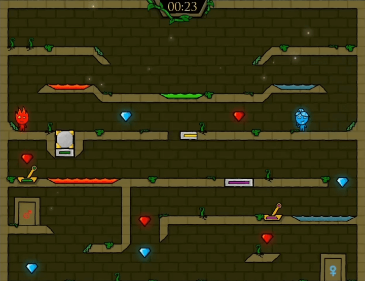 파이어보이-앤-워터걸-엘레먼트-플레이-소녀가-노란색-버튼을-눌러-장치를-작동시키는-화면