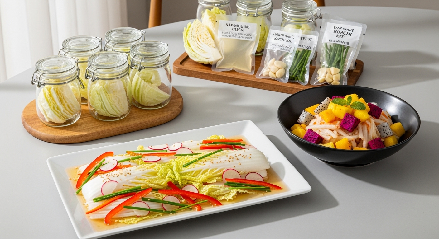 저염 백김치 샐러드, 과일 백김치 등 2025년 트렌드를 반영한 다채롭고 건강한 백김치 요리들이 세련된 식탁에 차려진 모습.