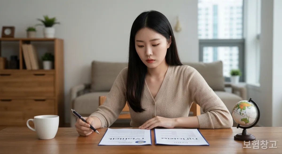 아파트 책상에서 해외 보험 서류를 비교하는 한국인 여성
