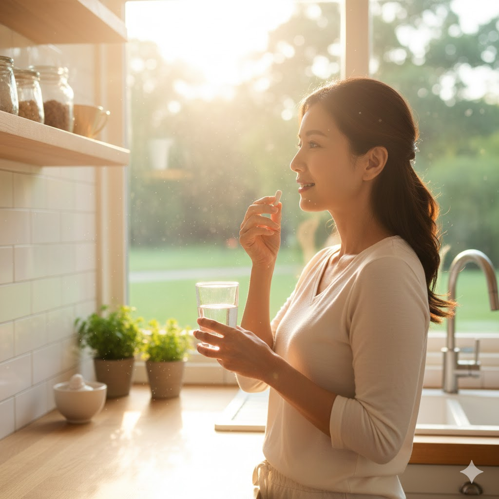맑은 아침 햇살이 들어오는 주방에서 유산균과 물을 마시는 모습