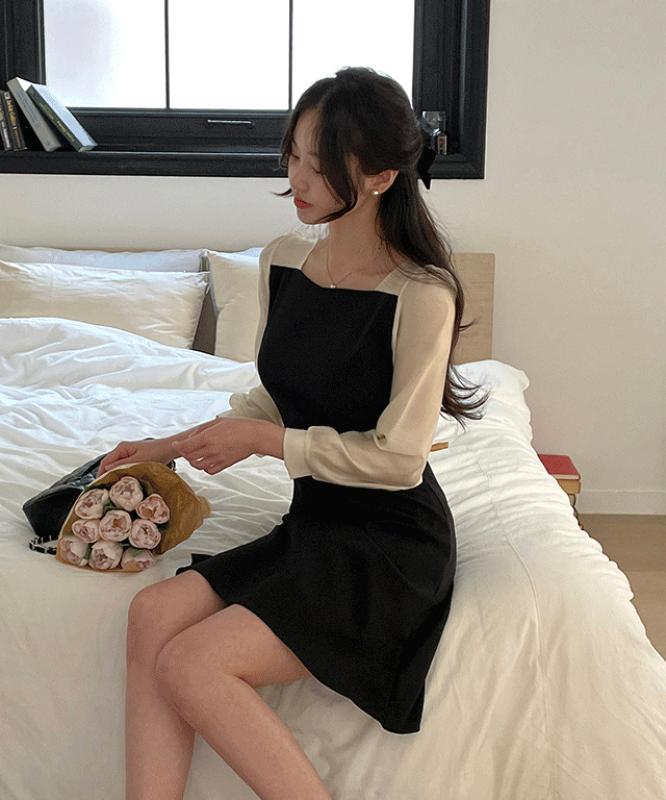 디엘 배색 쉬폰 봄 하객룩 플레어 스퀘어넥 블라우스 원피스