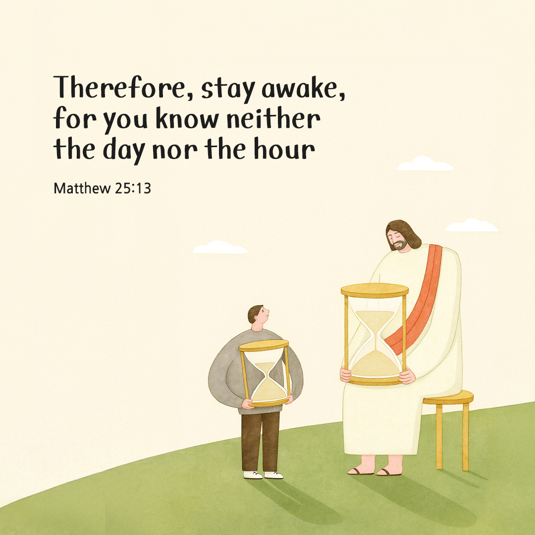 Therefore, stay awake, for you know neither the day nor the hour. (Matthew 25:13) by pieonane Daily Bible quote image