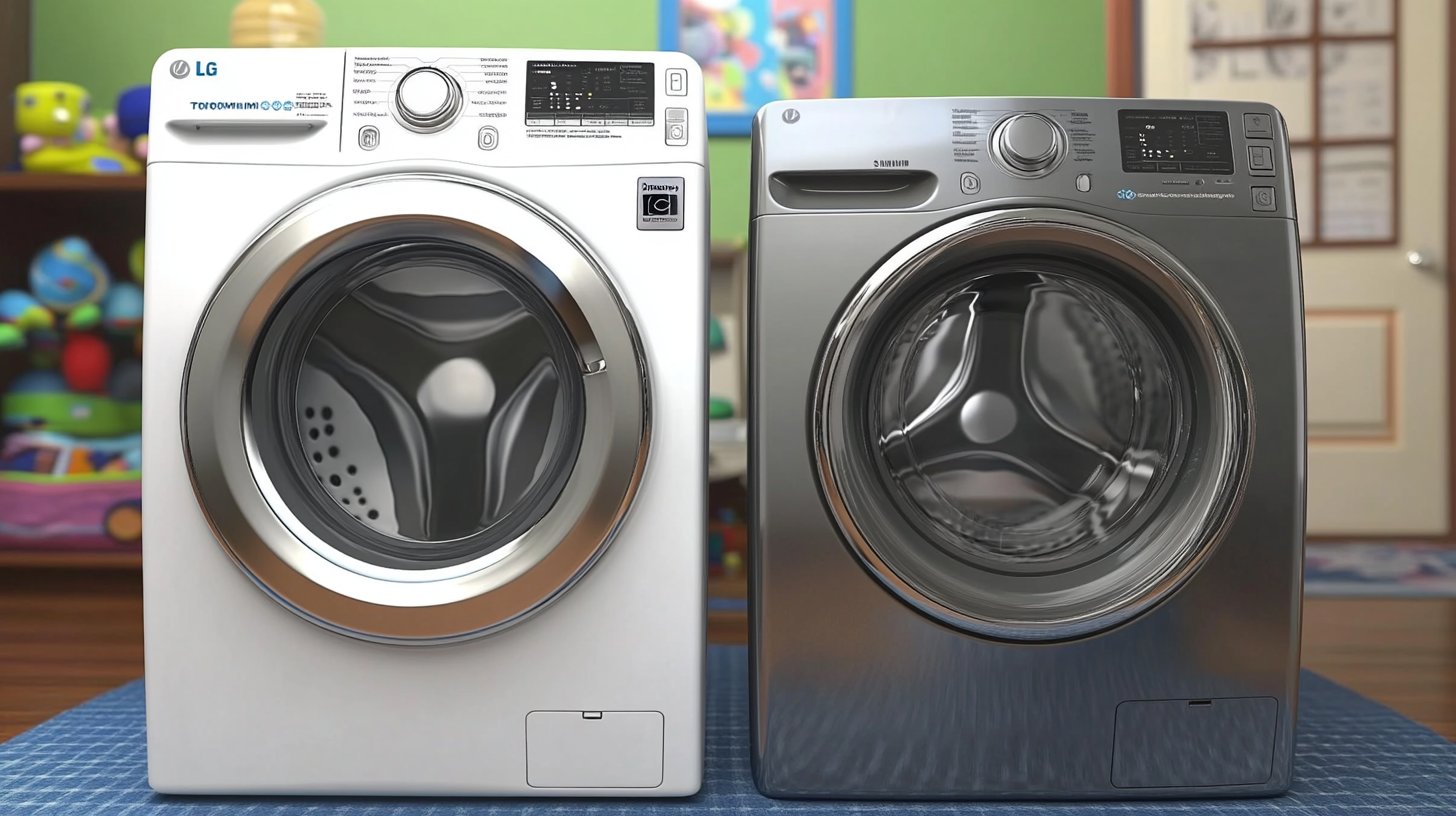 LG 트롬과 삼성 세탁기를 시각적으로 비교한 이미지, 나란히 놓인 두 제품과 트롬의 우수한 세탁 성능을 강조하며 전문적인 구성과 중립적인 조명