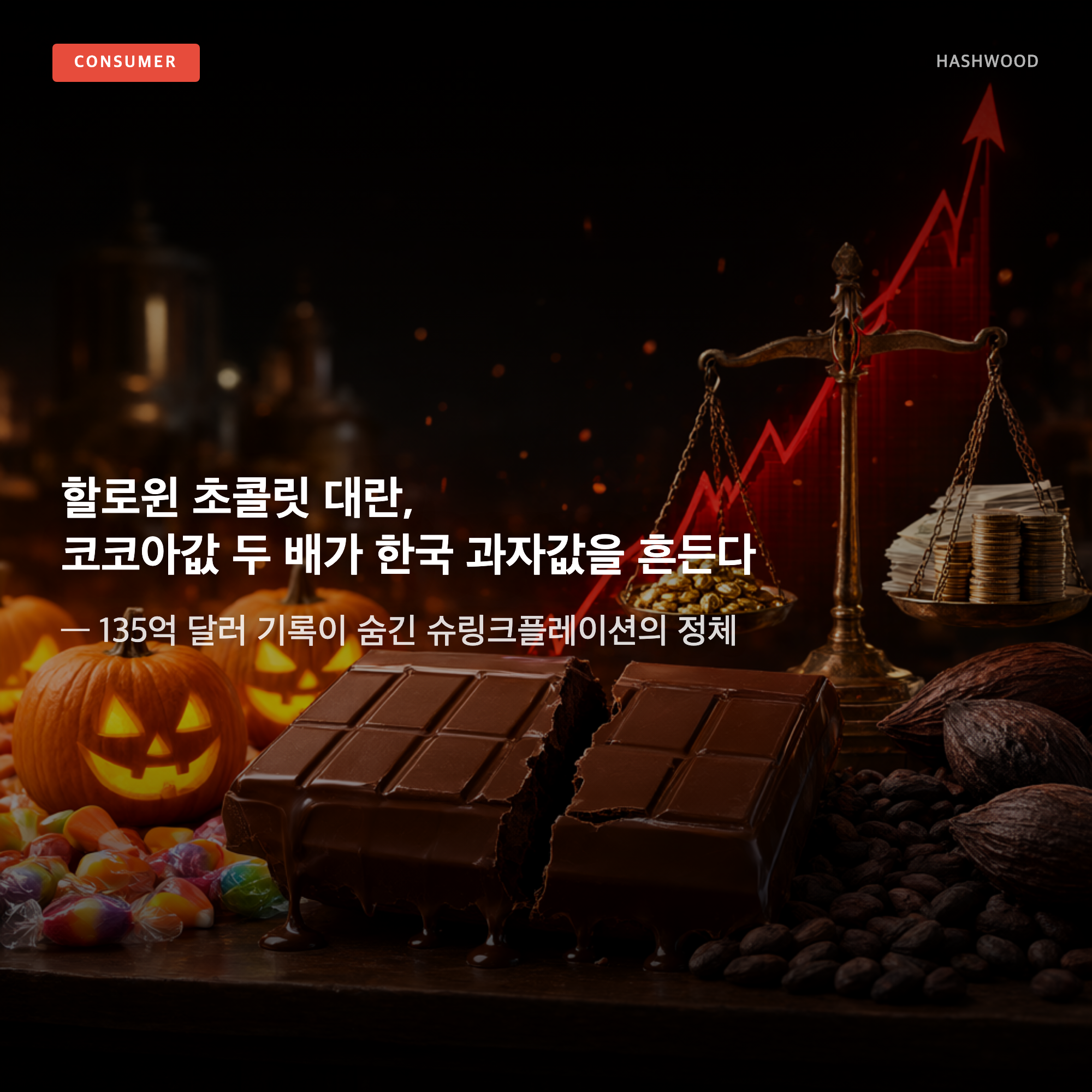 그림: 할로윈 초콜릿 대란, 코코아값 두 배가 한국 과자값을 흔든다 — — 135억 달러 기록이 숨긴 슈링크플레이션의 정체