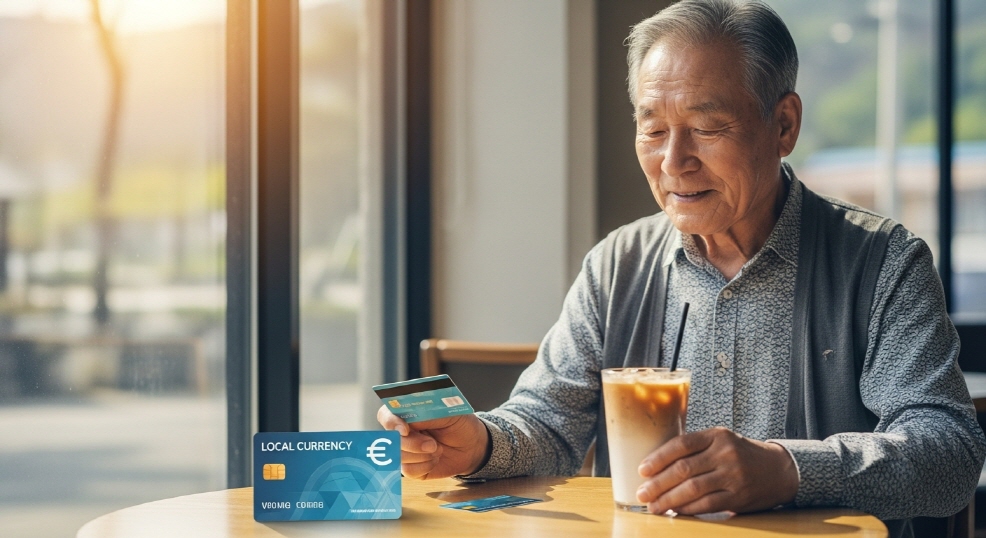 카페 테이블에 지역화폐 카드와 음료