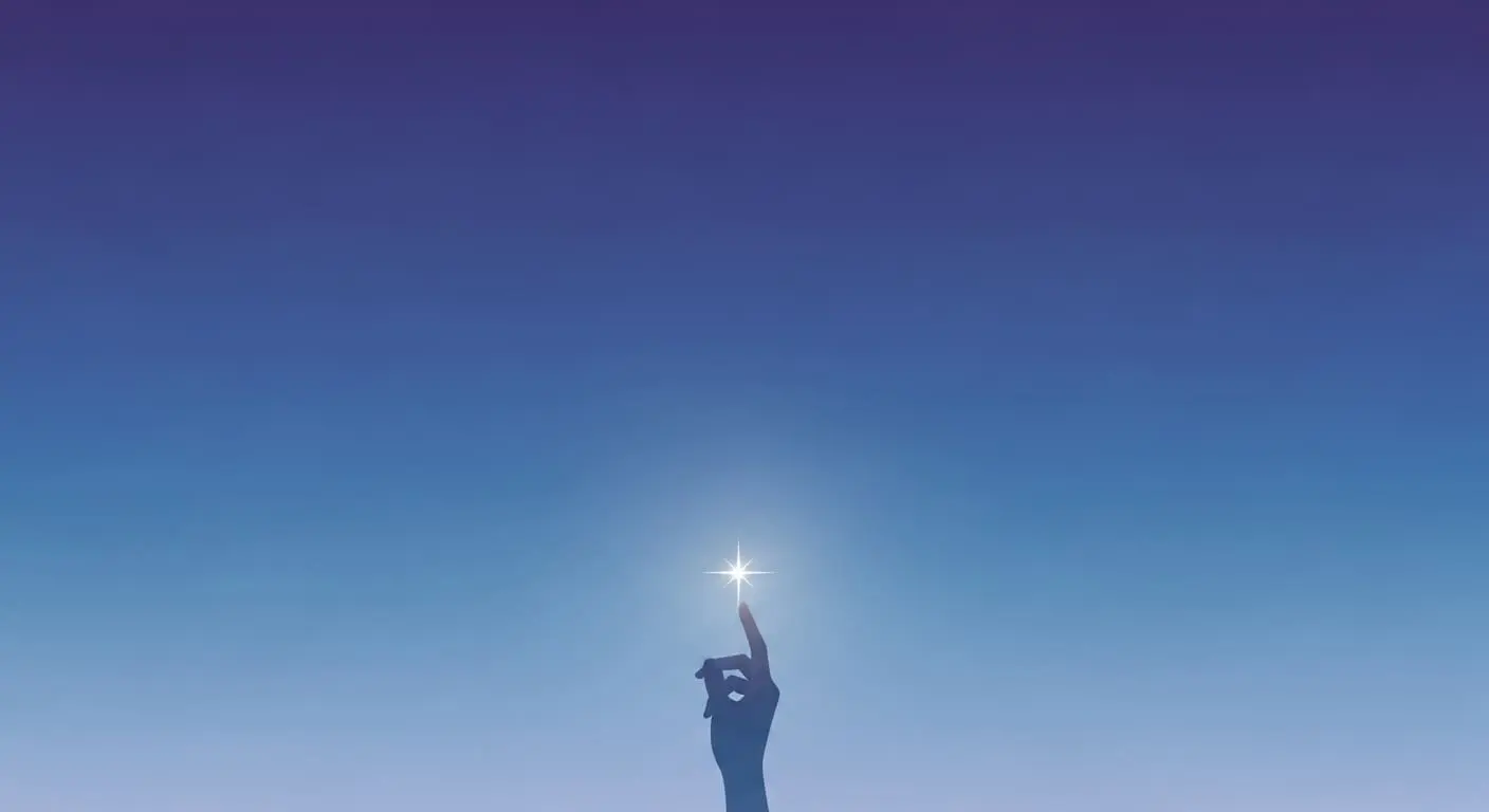 어두운 밤하늘에 희미하게 빛나는 작은 별과 그 별을 향해 조심스럽게 뻗은 손. 잃어버린 생명의 소중함과 그리움을 표현합니다.