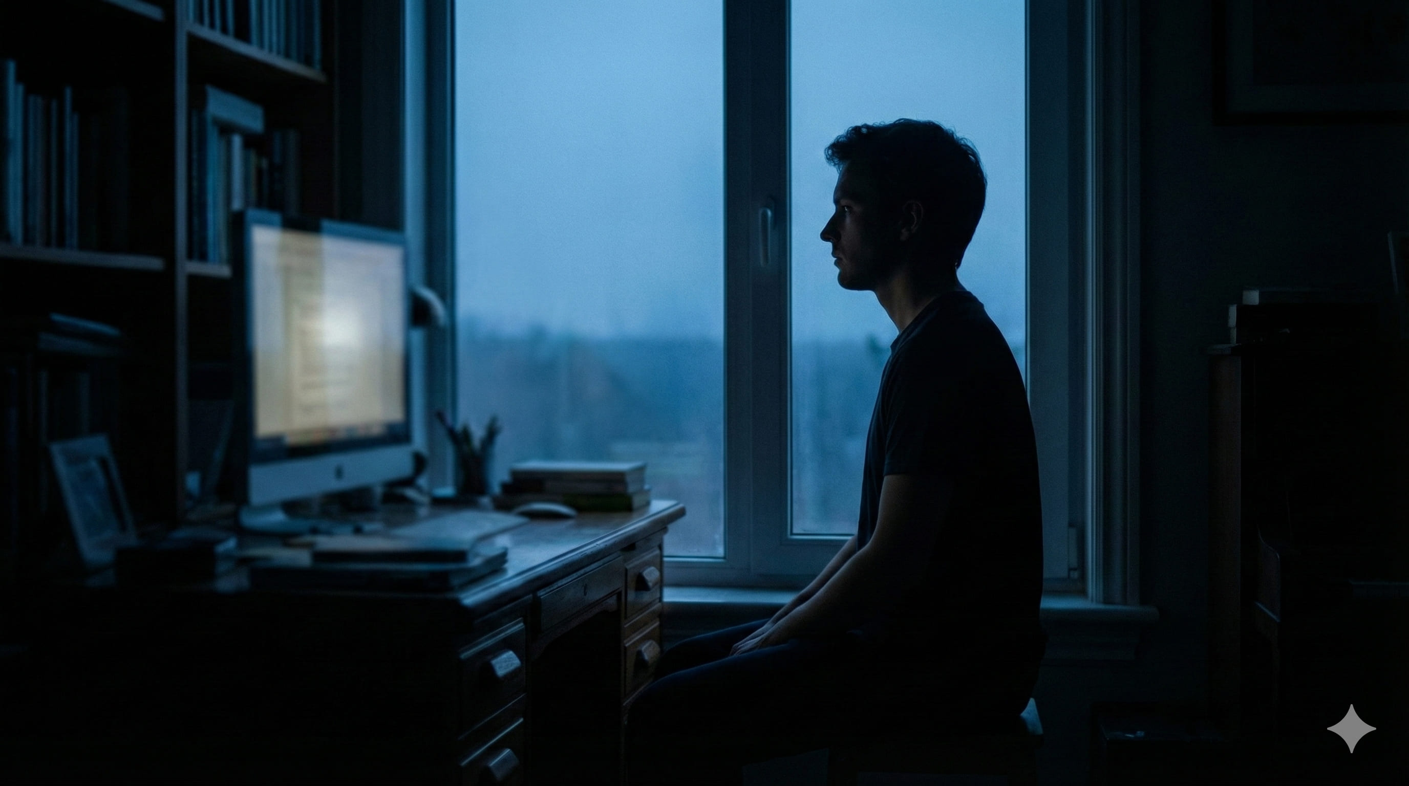 숨이 턱 막히는 새벽, 모니터 불빛만 남은 방에서 막막함을 느끼는 옆모습