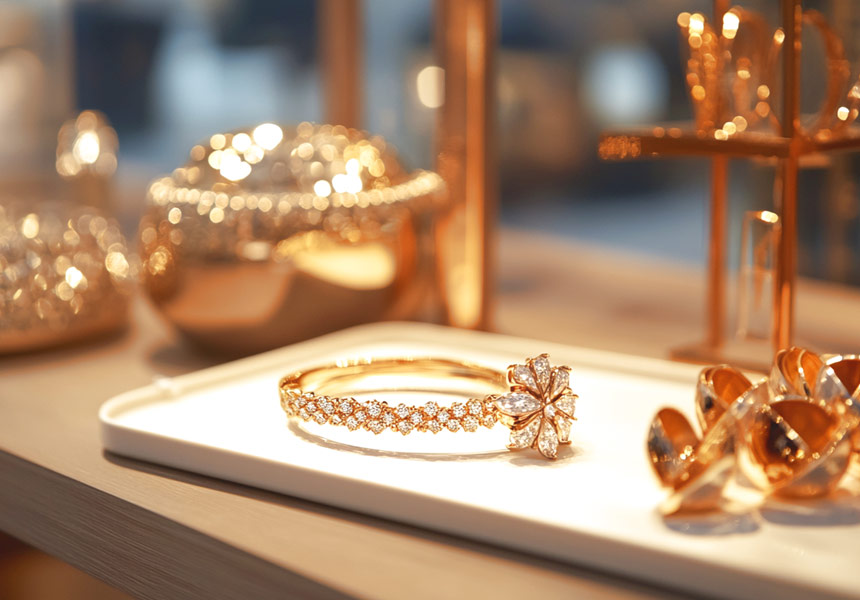금은방 진열대에 놓인 금 반지와 목걸이