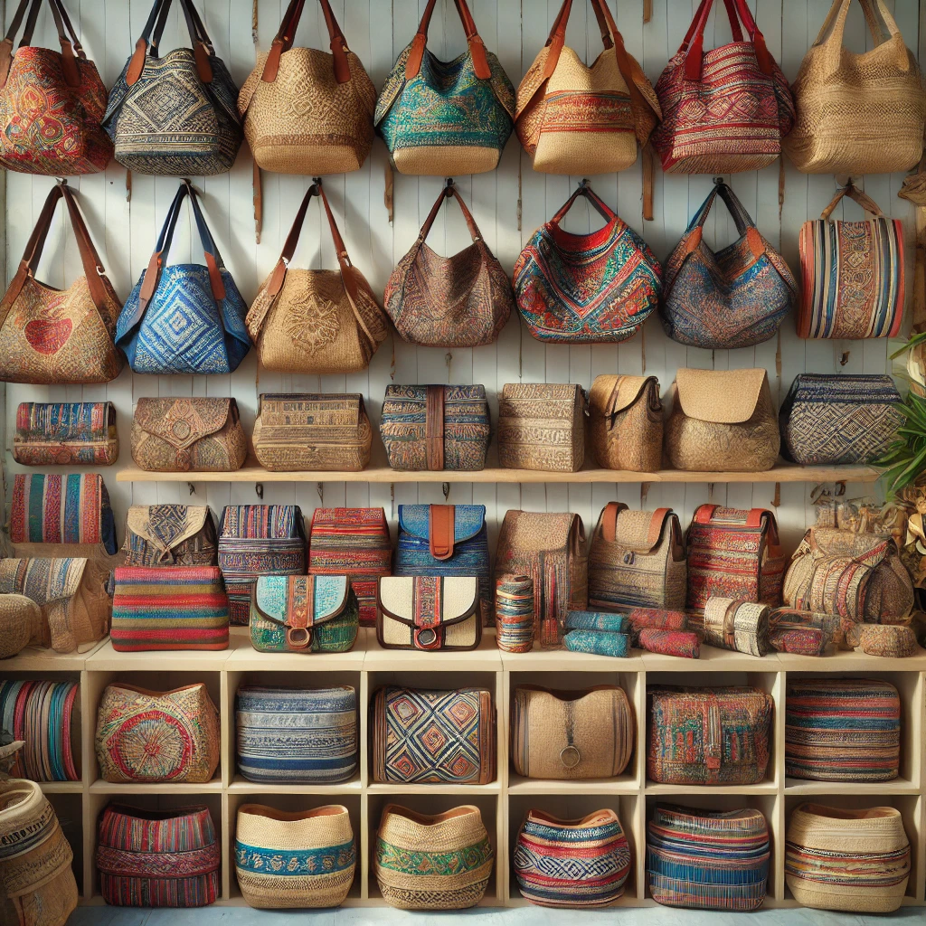 다양한 색상과 디자인의 아바카 가방이 진열된 모습