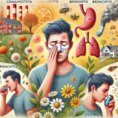 결막염, 기관지염, 천식을 보여주는 남자 사진